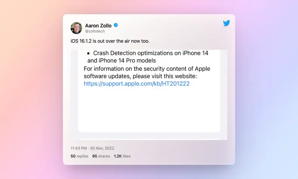 Apple starts rolling out the new iOS 16.1.2 update with Car Crash Optimization