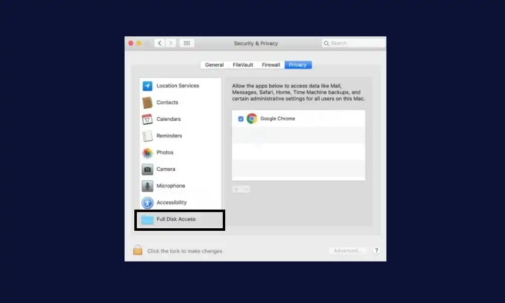 Allow Full Disk Access for Chrome