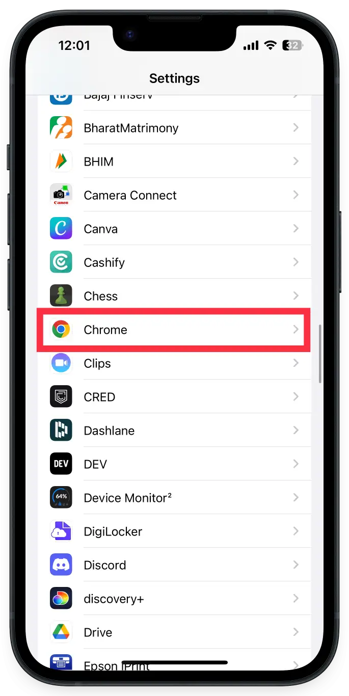 Scroll to Chrome App from settings iPhone
