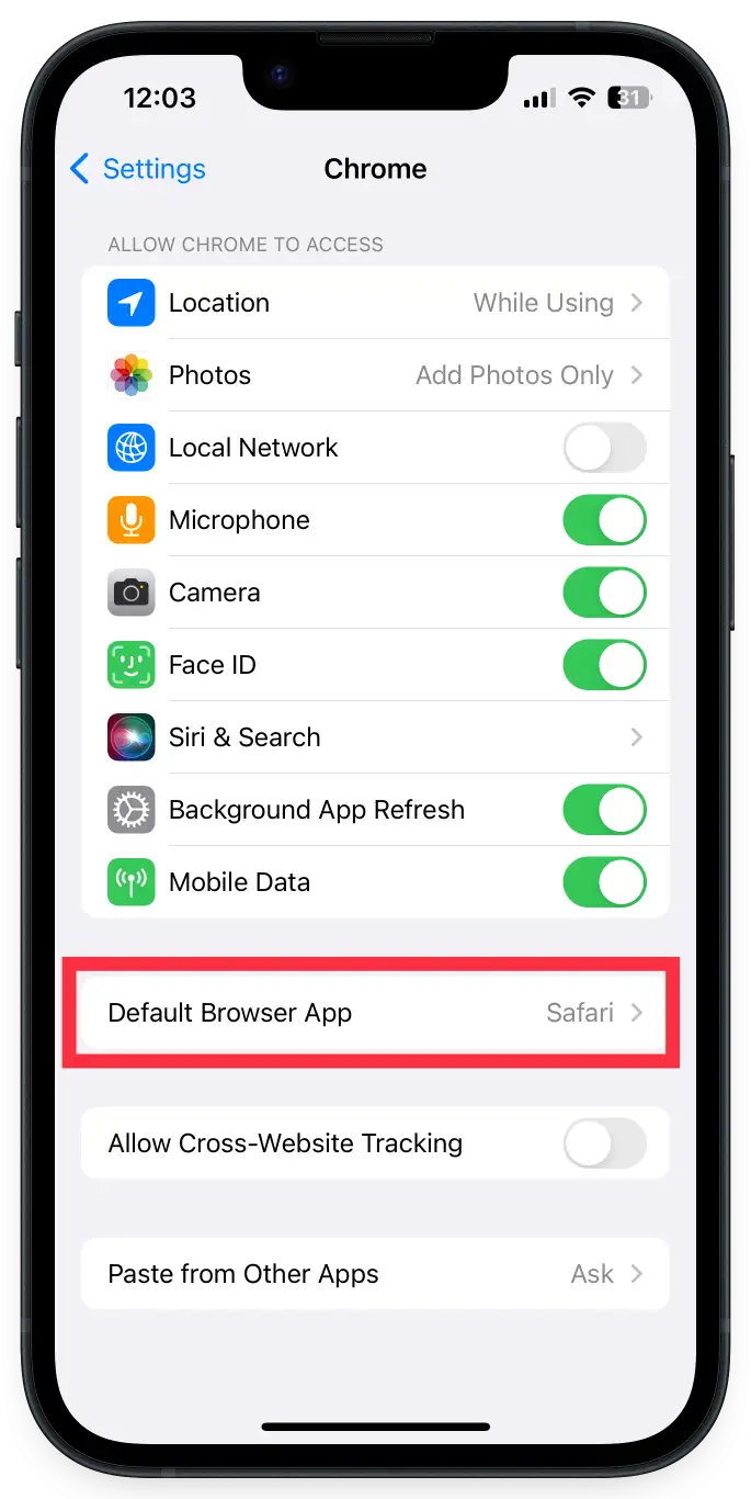 Default Browsing App Chrome from Settings iPhone