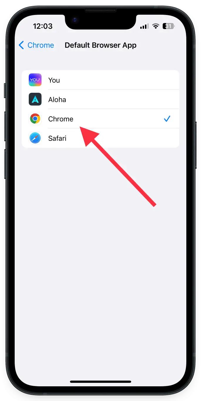 Choose Chrome as default browser from settings Chrome iPhone 