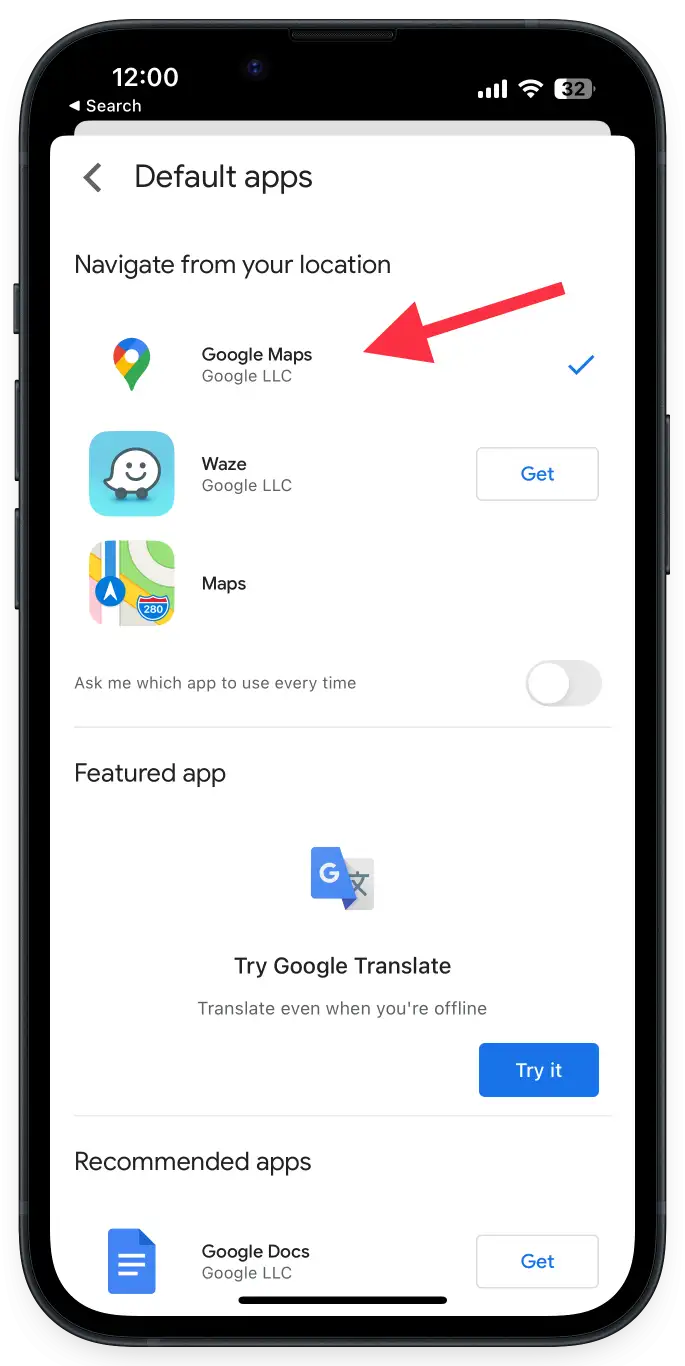 Select Google Maps as Default on Google App iPhone