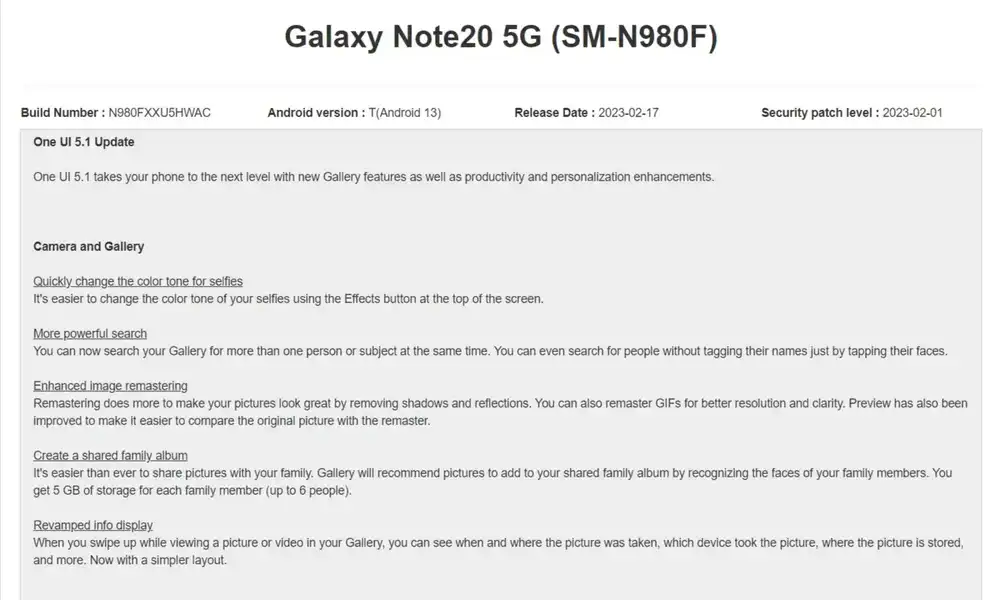 Samsung Galaxy Note 20 gets One UI 5.1 update