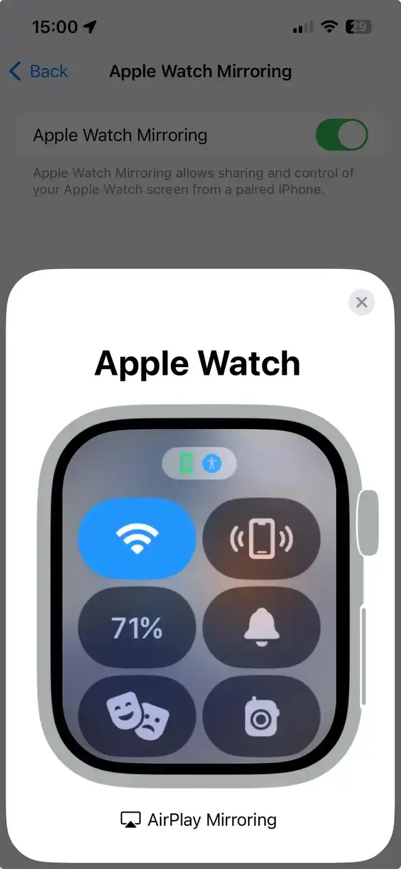 Apple watch mirroring settings on iPhone iOS