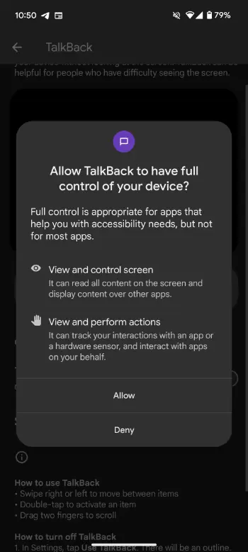 Talkback enable popup 