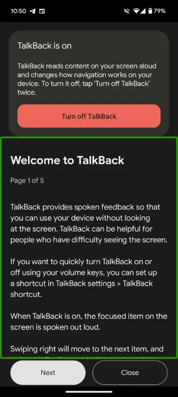 Enable talkback following onscreen instruction