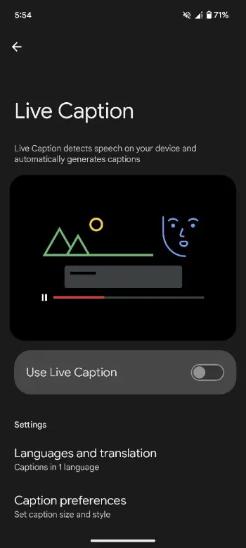 Live Caption Settings on Pixel