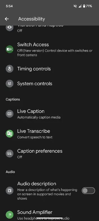 Accessibility settings Pixel