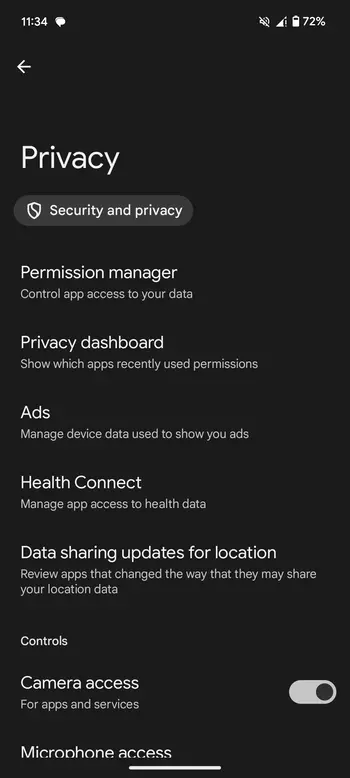 Permission manager inside privacy settings