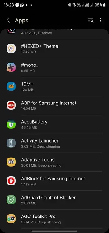 All apps in samsung galaxy phones settings