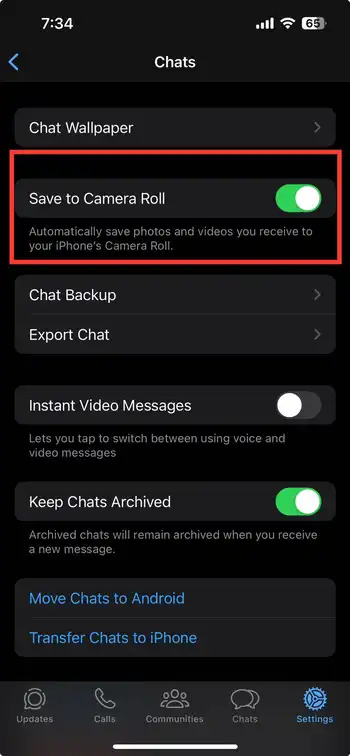 Disable auto save media on iPhone whatsapp