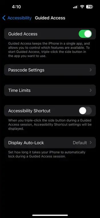 Guided access password settings menu on iPhone