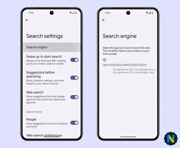 Steps to change default search engine in Pixel Launcher settings
