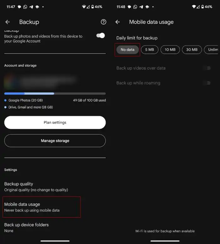 Disable backup videos over mobile data pixel
