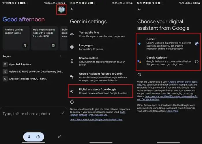 Switch from Gemini to Google Assistant