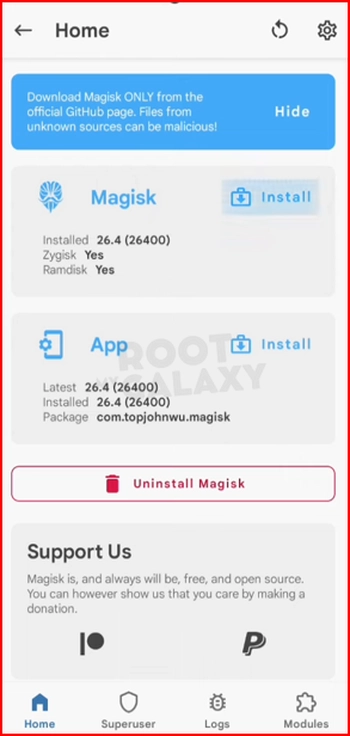 Magisk app install option