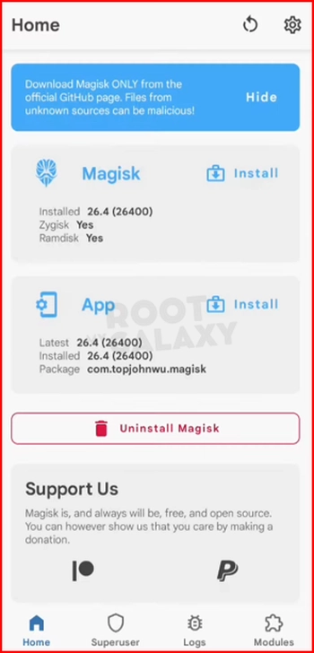 Magisk app home screen
