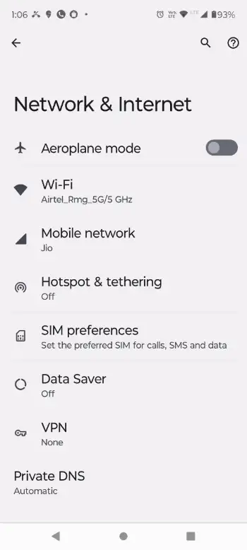 Network settings pixel