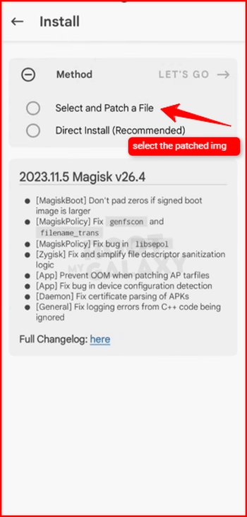 Magisk select and patch file option for patching