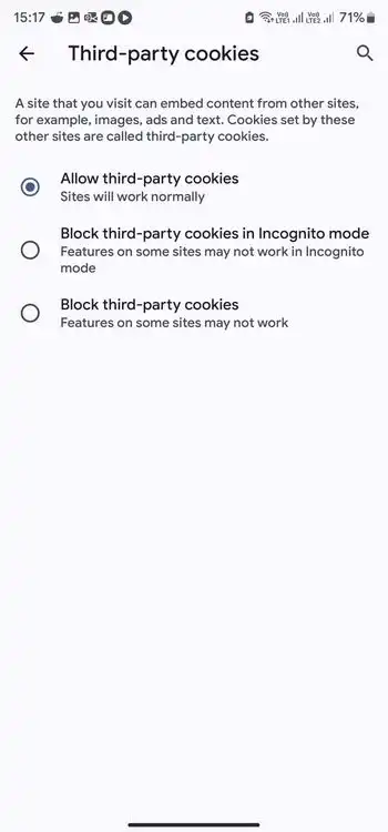 Enable third party cookies on android browser