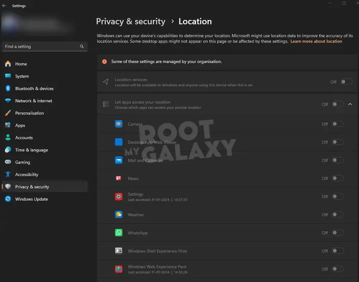 Windows location settings from privacy and security