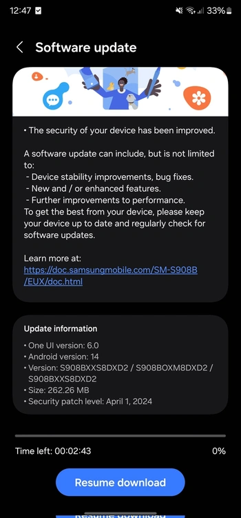 Galaxy S22 April 2024 security update in Europe