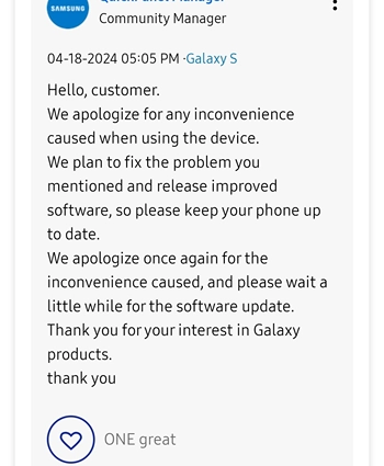 Samsung community moderator replies to fix quick setting bug in upcoming update