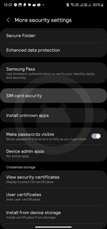 SIM card security settings