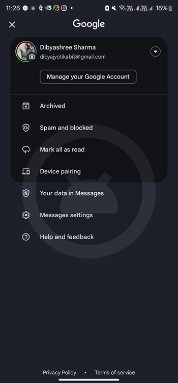 Google message settings menu