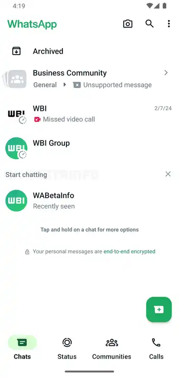 Start chatting section whatsapp