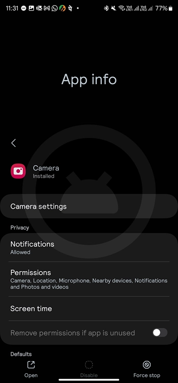 Camera app permissions setting