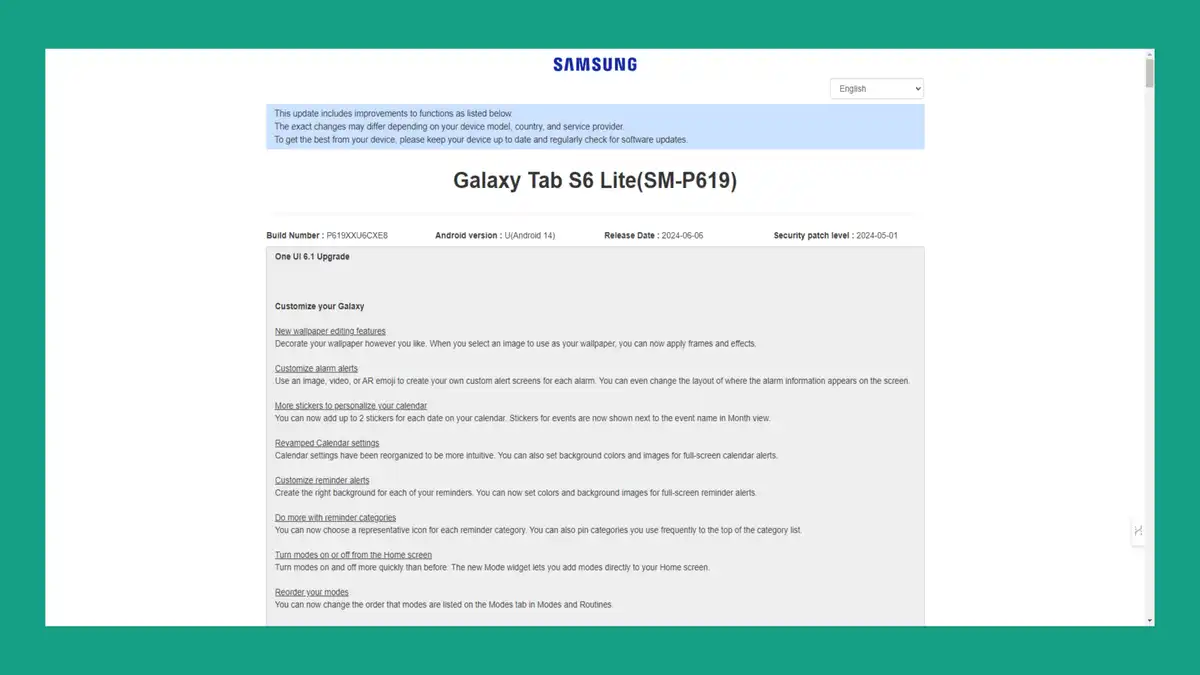 Galaxy Tab S6 Lite One UI 6.1 Changelog